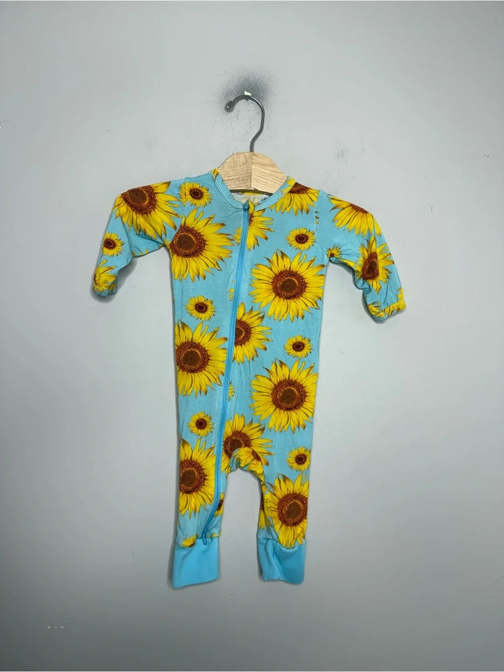 $14 ADD ON bestaroo bamboo sunflowers blue romper onesie 3-6M little‎ sleepies